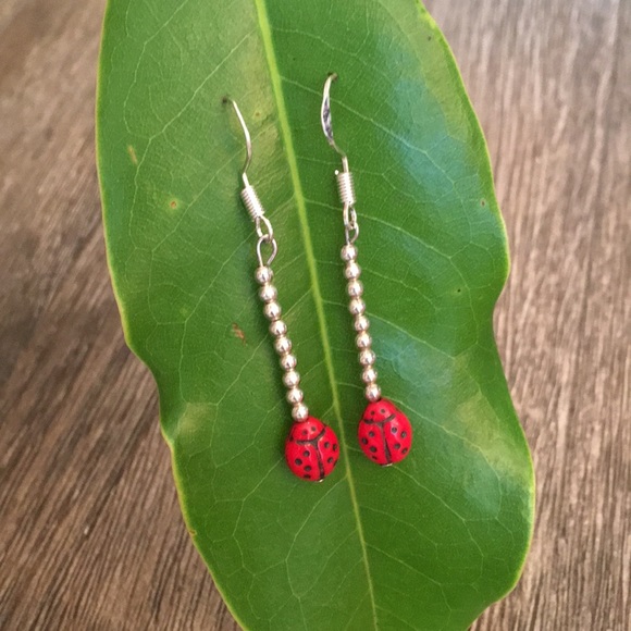 Sterling Silver Bead Earrings with Ladybug - Picture 6 of 14